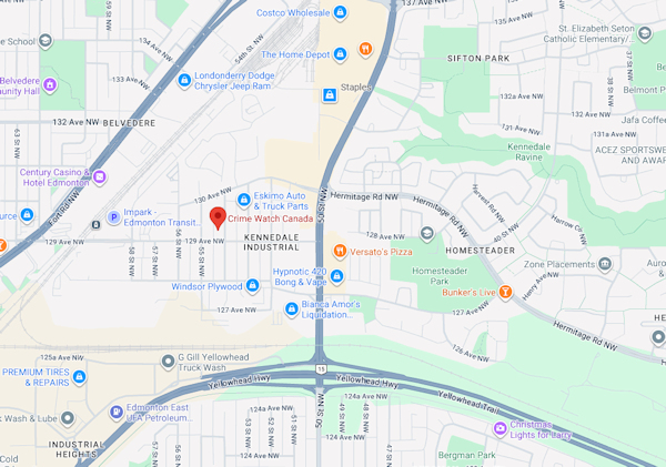 Map showing Crime Watch Canada at 12904 54 St NW in the Kennedale Industrial area of Edmonton