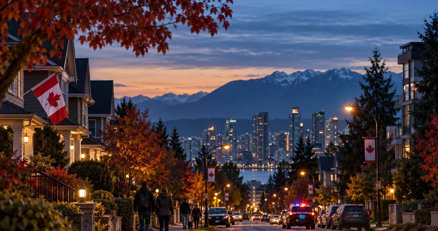 People walking a tree-lined Canadian street at dusk, city skyline and mountains beyond