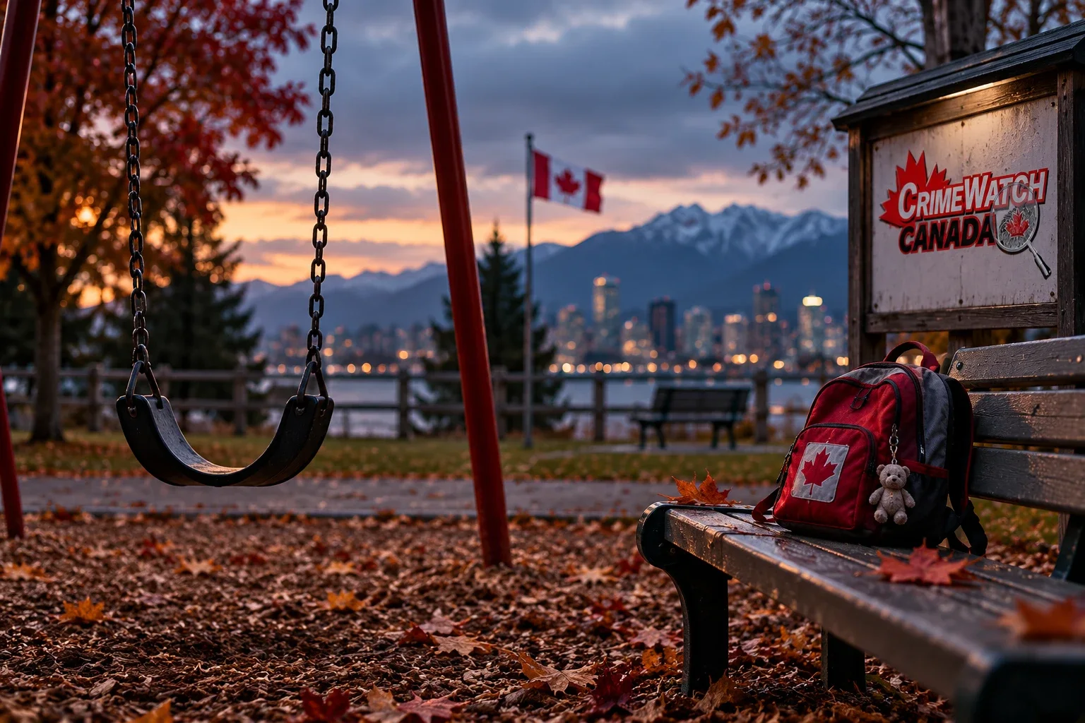 An empty swing and a child’s backpack on a park bench at dusk