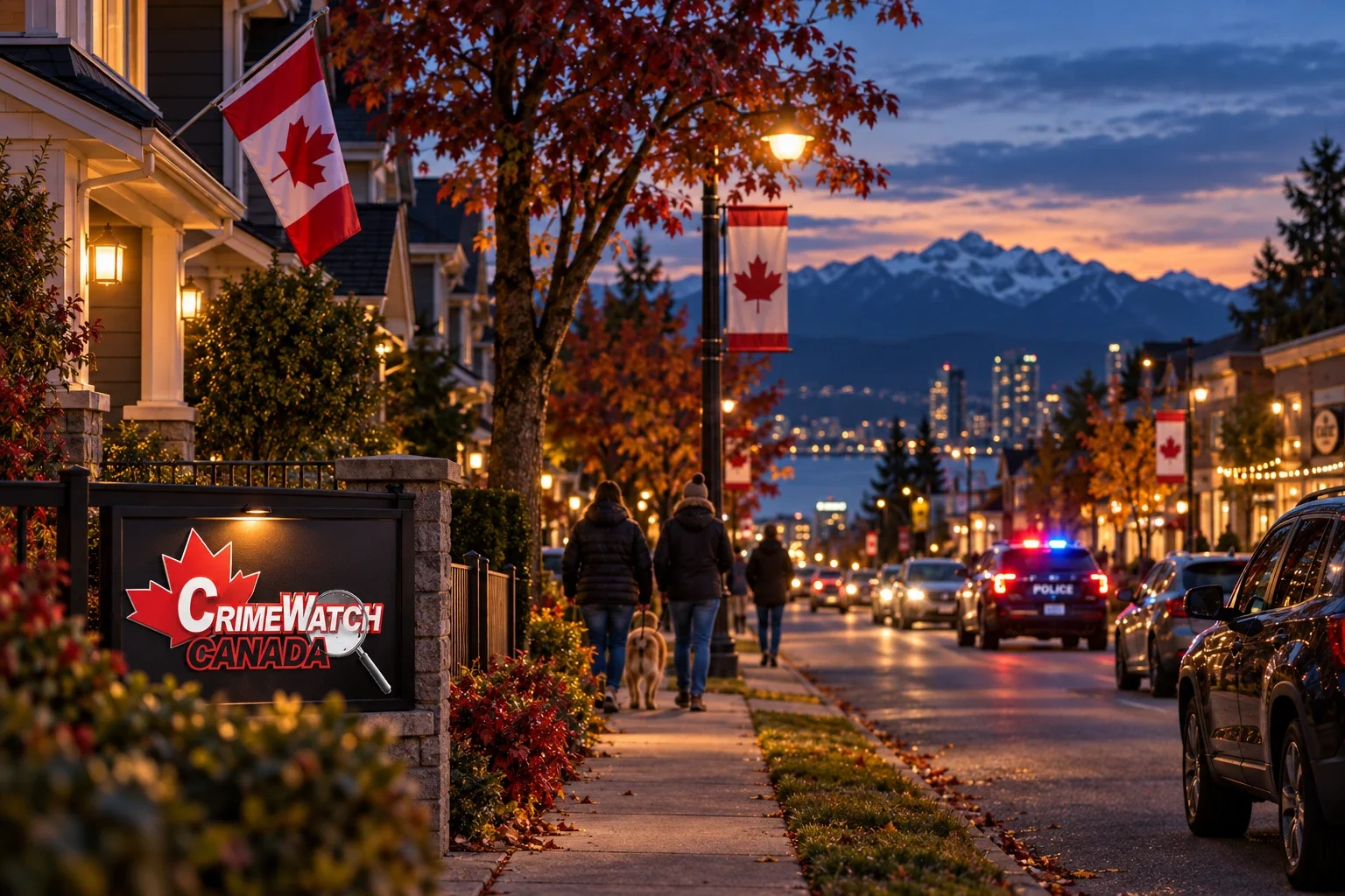 A neighbourhood street at dusk with a Crime Watch Canada sign and a police cruiser on patrol