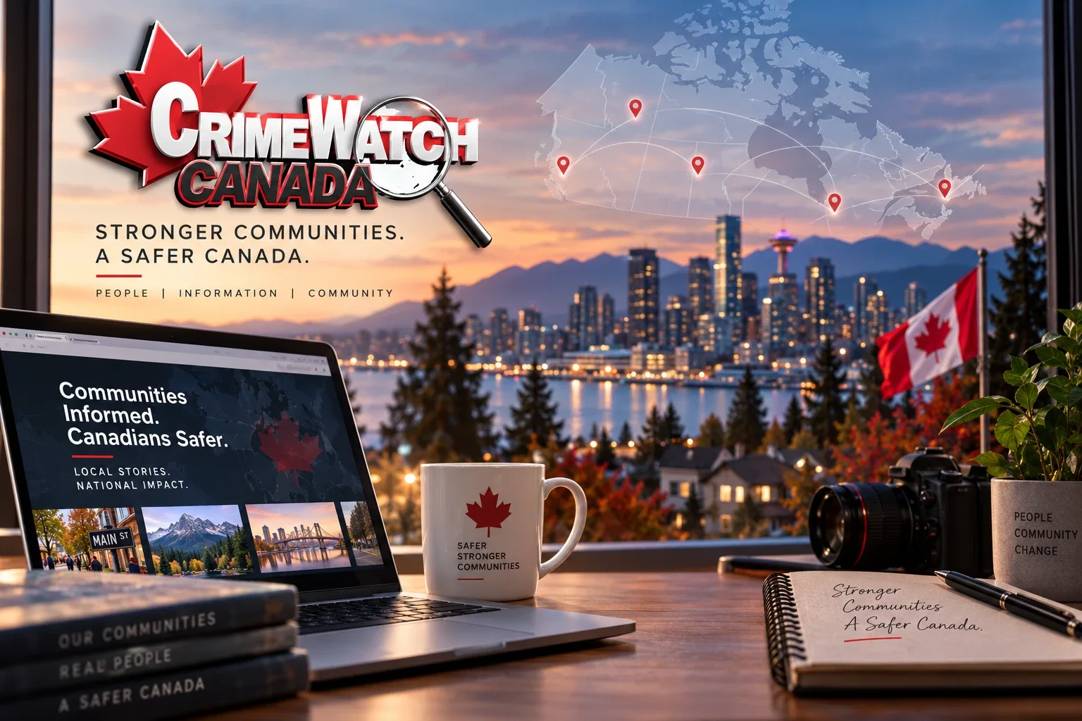A laptop and a map of Canada with connected pins overlooking a city skyline