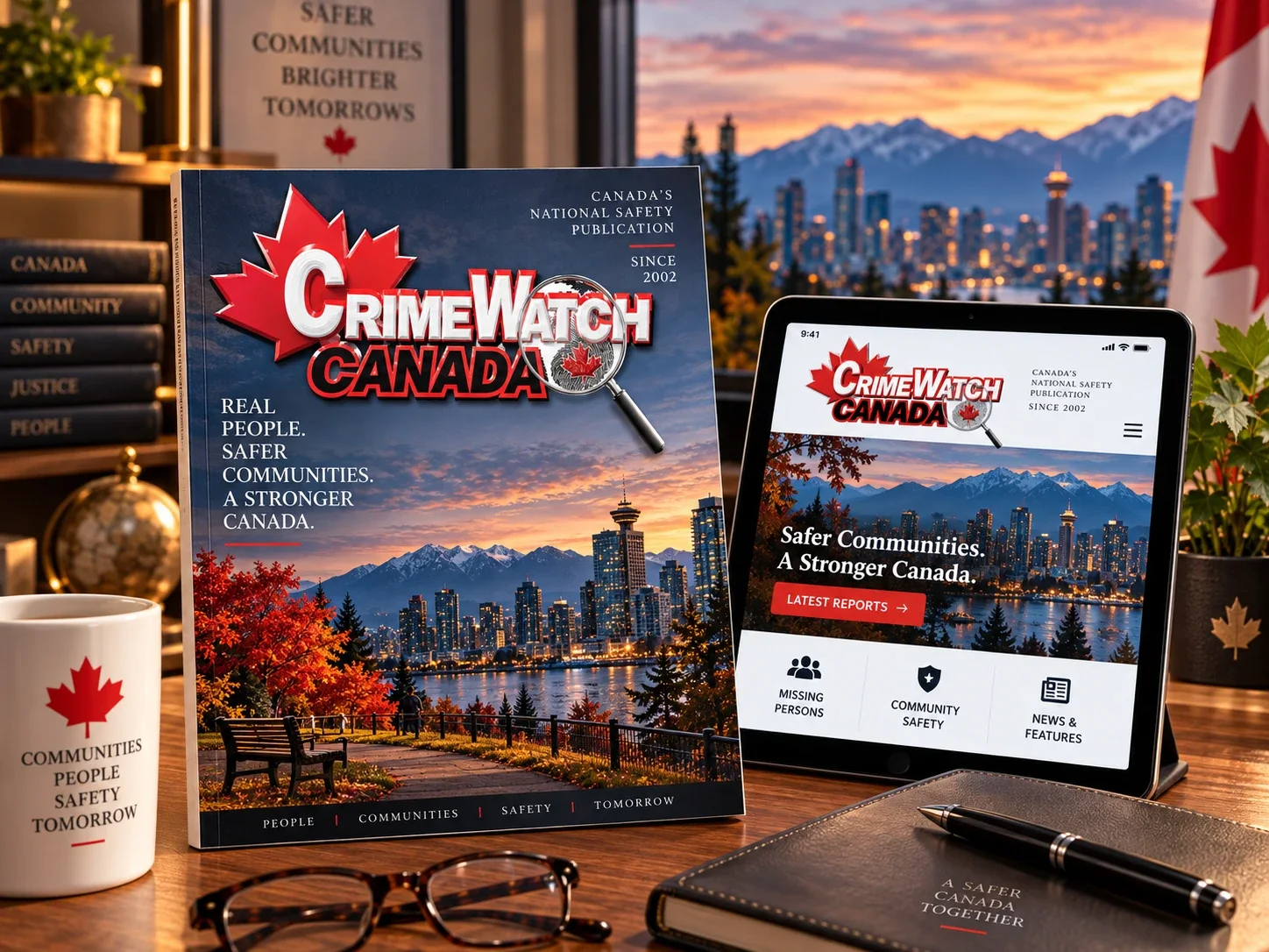 The Crime Watch Canada magazine and website on a desk