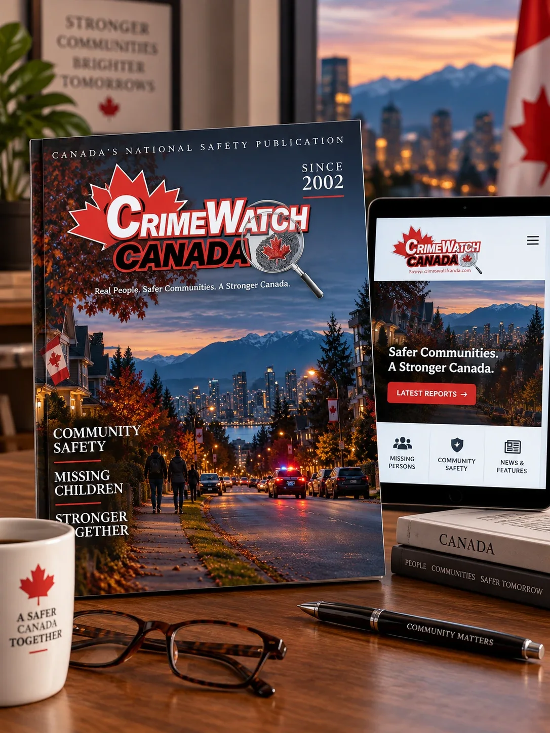 A Crime Watch Canada magazine beside a tablet showing the website